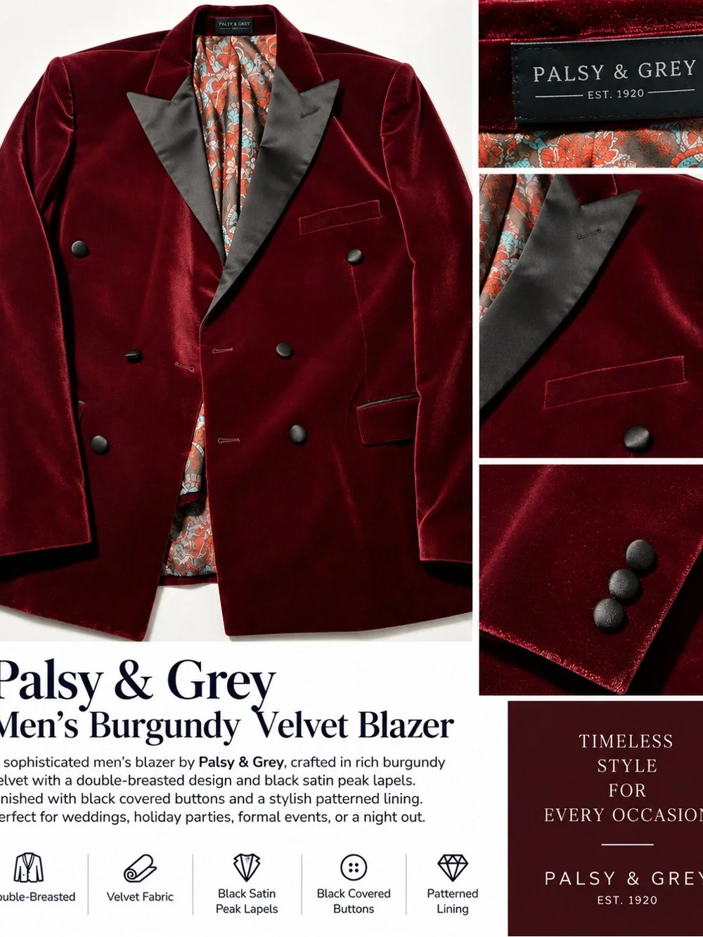 Men's Burgundy Velvet Double-Breasted Blazer